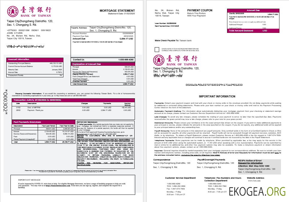 Relevé d'hypothèque bancaire de la Taiwan Bank of Taiwan aux formats Word et PDF 1 , 2